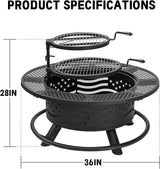 36 Inch Fire Pit with 2 Cooking Grates, Outdoor Wood Burning BBQ Grill Firepit Bowl with Cover Lid, Steel Round Table for