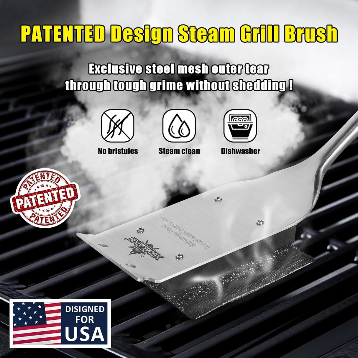 18” Steam Grill Brush Bristle Free,with Extended Luxurious Acacia Wood Handle,Safe Grill Cleaner for Outdoor