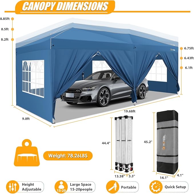 HOTEEL 10x20 Pop up Canopy with 6 Sidewalls, One Push Instant Setup Outdoor Canopy Tent with Reinforce Rod, Weight Bag, for