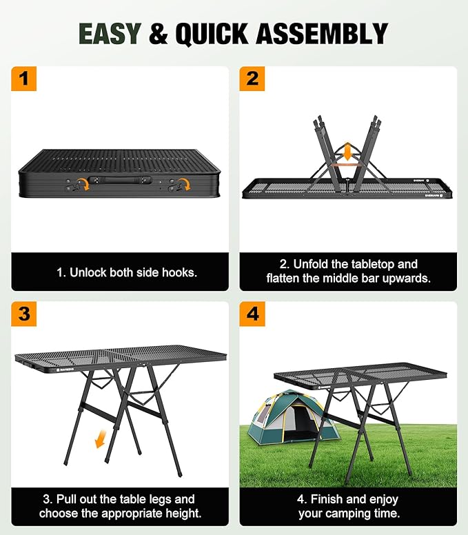 Foldable Grill Table with Mesh Desktop, 200lbs 4Ft Portable Folding Table, Height Adjustable Metal Table for Ourdoor,