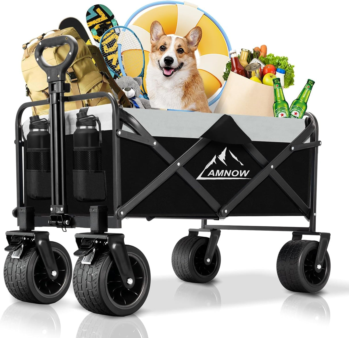 Collapsible Foldable Wagon, Utility Large Capacity Beach Wagon with Big Wheels, Shopping Cart with Side Pocket and Brakes