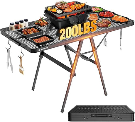 Foldable Grill Table with Mesh Desktop, 200lbs 4Ft Portable Folding Table, Height Adjustable Metal Table for Ourdoor,