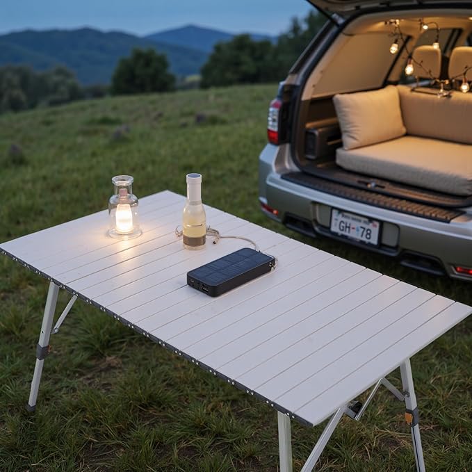 Athena Collection Foldable Camping Table, 47" Aluminum Outdoor Folding Camp Table with Mesh Layer Telescopic Legs and Carry