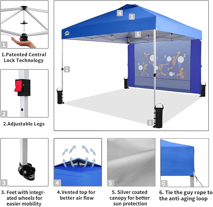 CROWN SHADES 10x10 Pop Up Canopy Tent with Game Netting - Beach Tent with One Push Setup - Outdoor Sun Shade for Events,