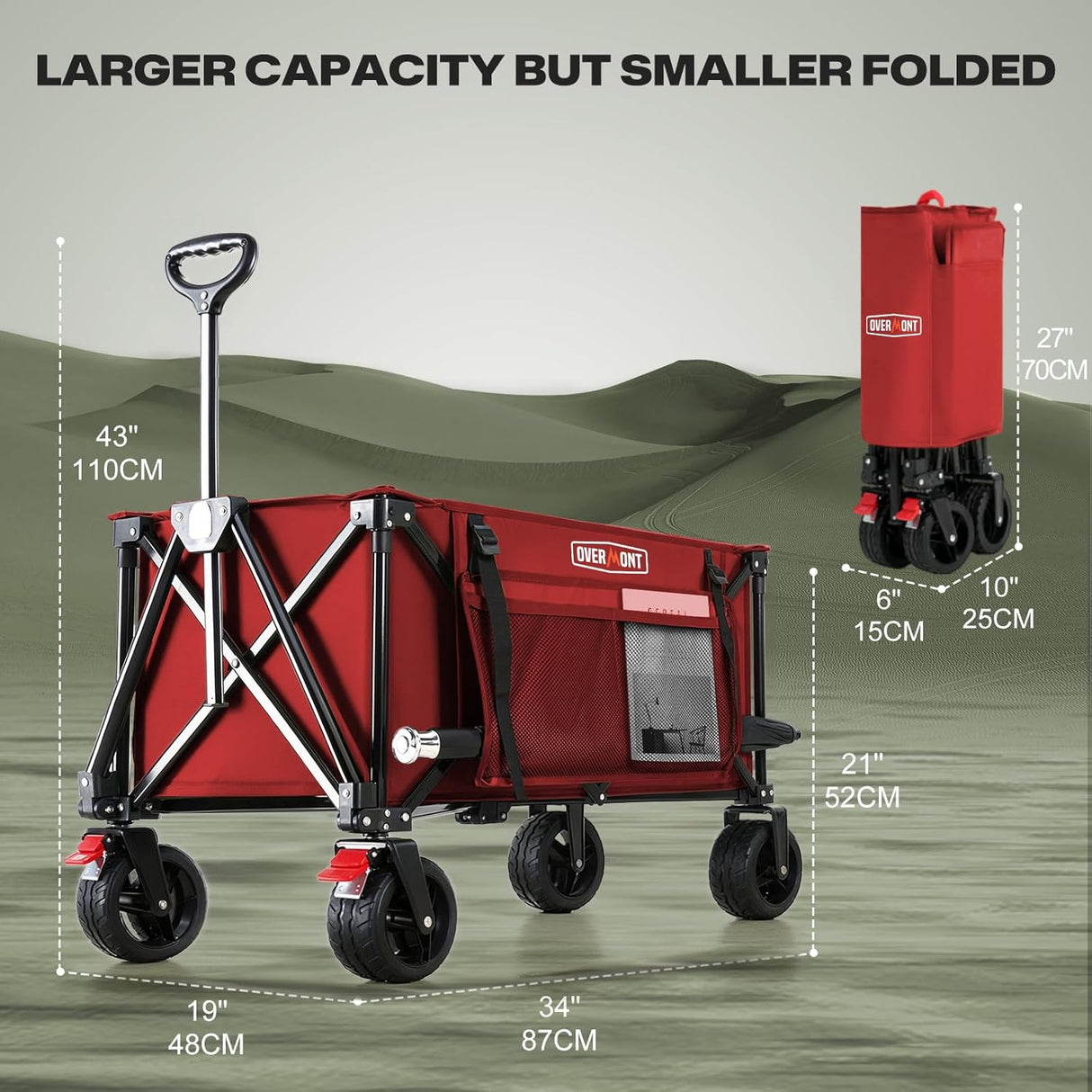 Overmont Collapsible Wagon Cart with Wheels - 180L Foldable Heavy Duty Wagon with Big All-Terrain Wheels - 330Lbs Weight