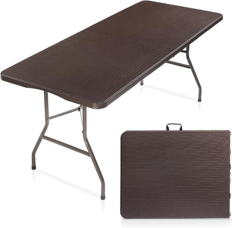 VINGLI 6 Foot Plastic Folding Table Portable Long Table for Indoor Outdoor Use Rectangular with Carrying Handle,Rattan
