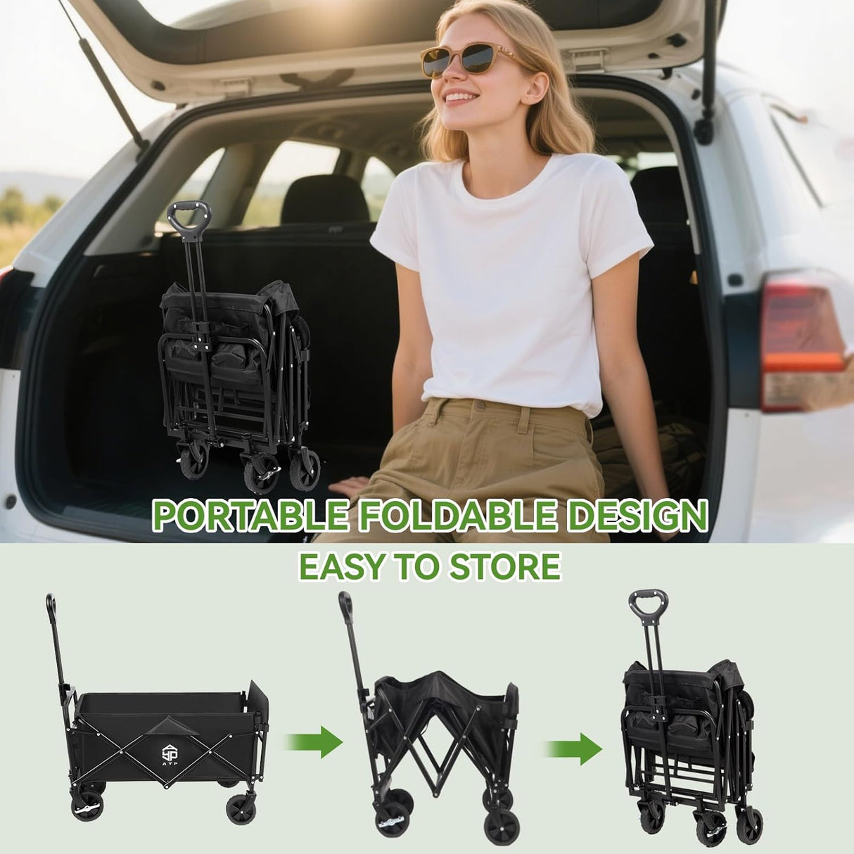 AYP Collapsible Wagon Cart Foldable with Wheels, Beach Wagon with Extended Tailgate & Brake, Heavy Duty Rolling Carts for