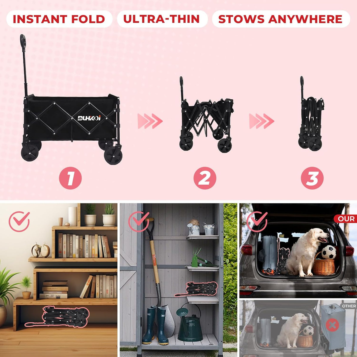 Collapsible Wagon Cart with Wheels Foldable,11 Lbs Lightweight Portable Folding Utility Wagon,90 L Heavy Duty Grocery
