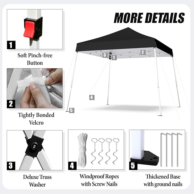 10x10 Pop Up Canopy, 300D Silver Coated Black Fabric Outdoor Gazebo, Beach Tent Slant Legs with Storage Bag,Easy Up Sun