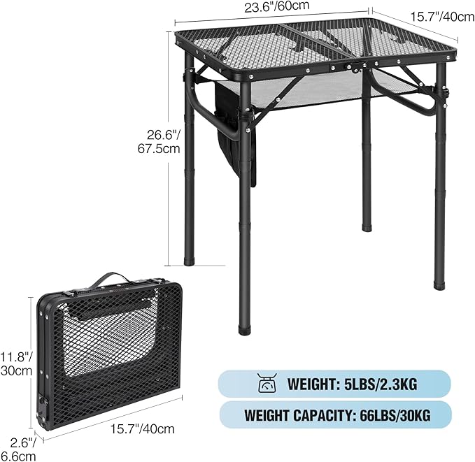RedSwing Folding Grill Table, Lightweight Height Adjustable Aluminum Table with Mesh Desktop and Mesh Bag for Outdoor