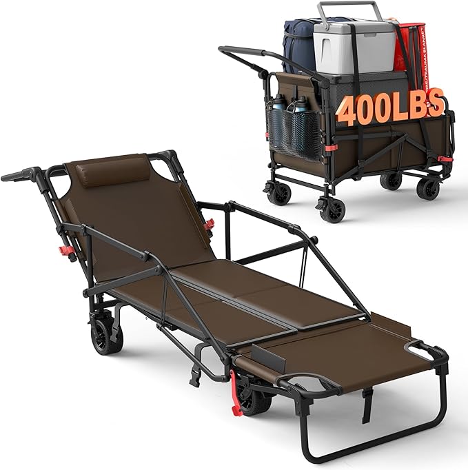 LEVELEVE Heavy Duty Folding Wagon - 2-in-1 Collapsible Cart, 400lb Capacity, All-Terrain Wheels w/Brakes & Side Pockets
