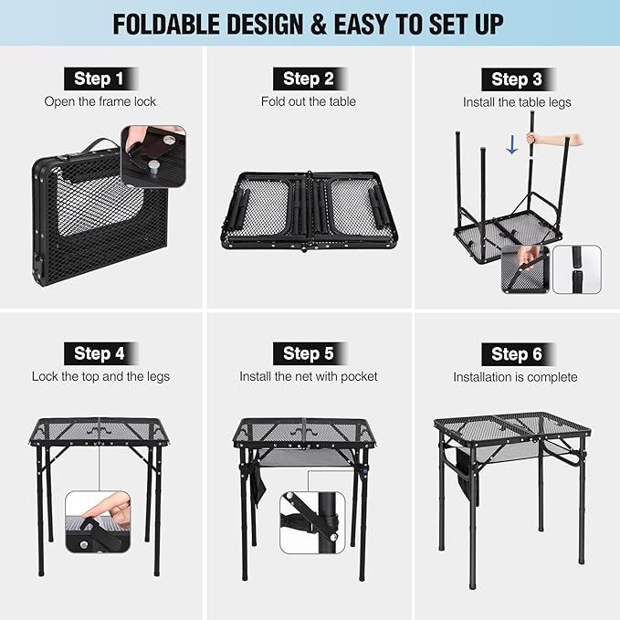 RedSwing Folding Grill Table, Lightweight Height Adjustable Aluminum Table with Mesh Desktop and Mesh Bag for Outdoor