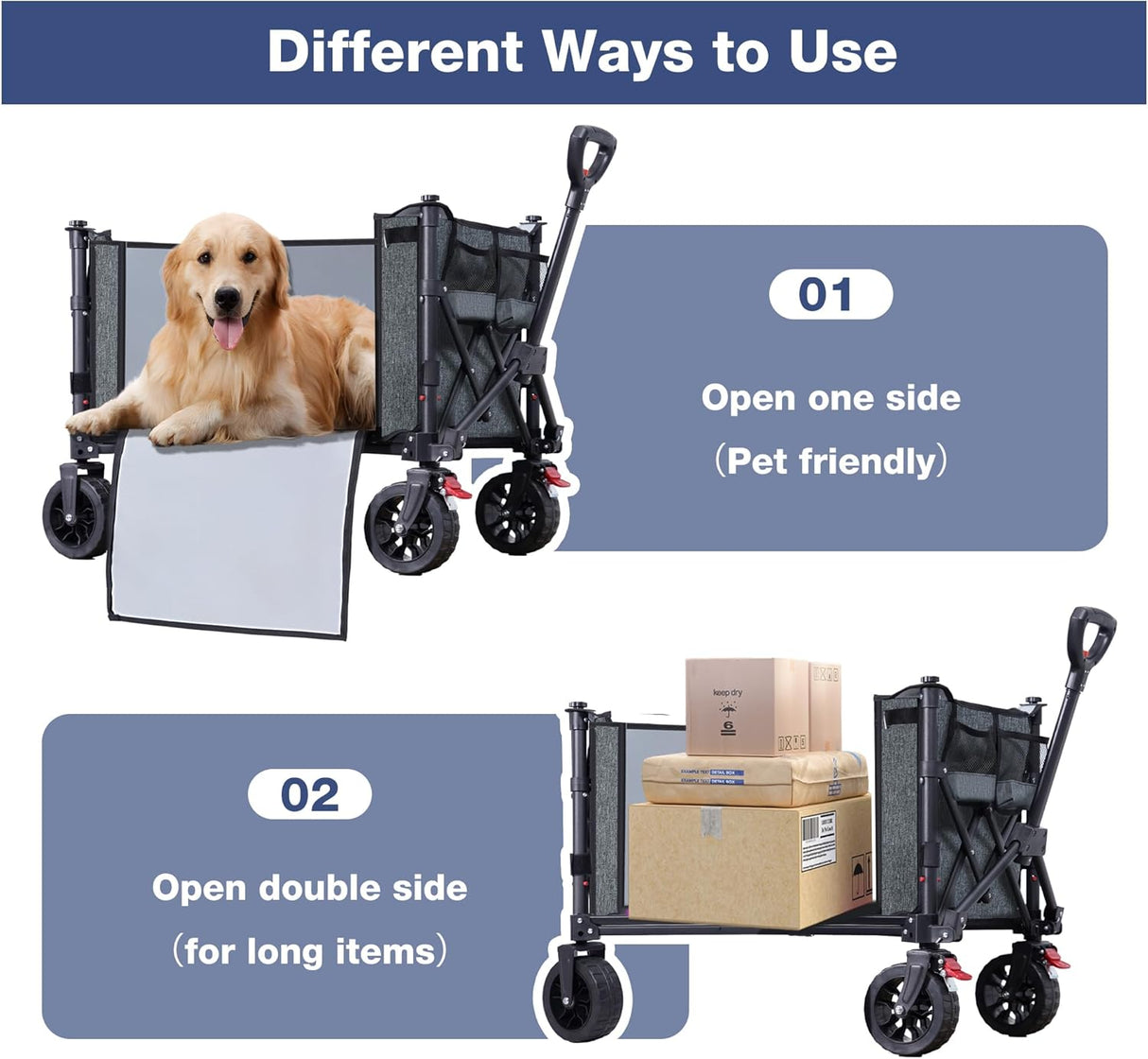 Collapsible Wagon Cart Foldable with Big Wheels Brakes, 250lbs Folding Utility Lightweight Garden Wagon, Portable Grocery