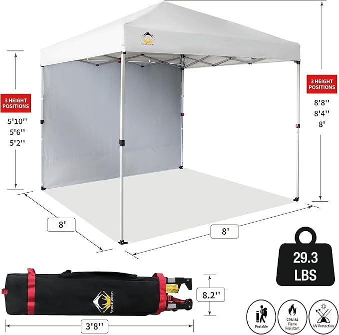 CROWN SHADES 8x8 Pop Up Canopy with 1 Side Wall - Beach Tent with One Push Setup - Outdoor Sun Shade for Events, Parties,
