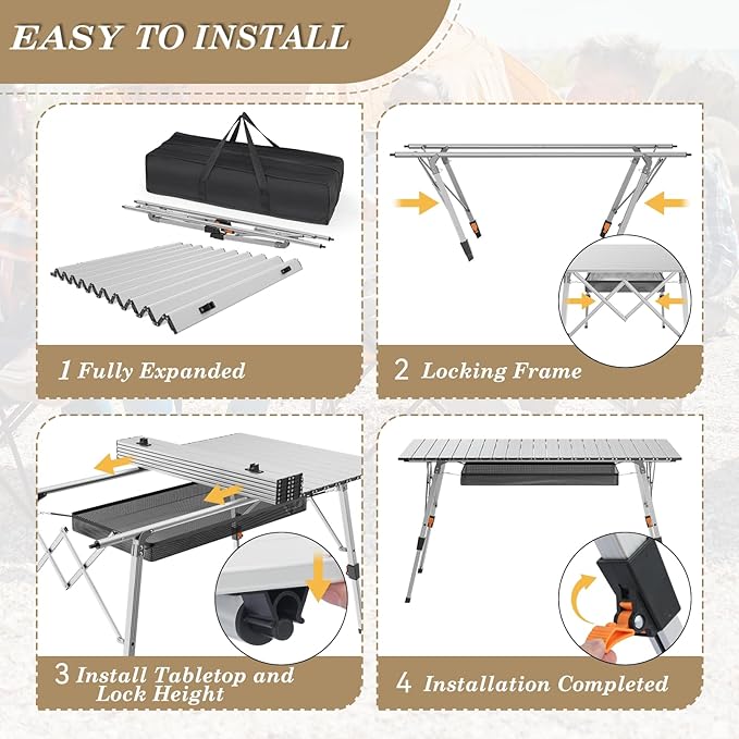 Athena Collection Foldable Camping Table, 47" Aluminum Outdoor Folding Camp Table with Mesh Layer Telescopic Legs and Carry