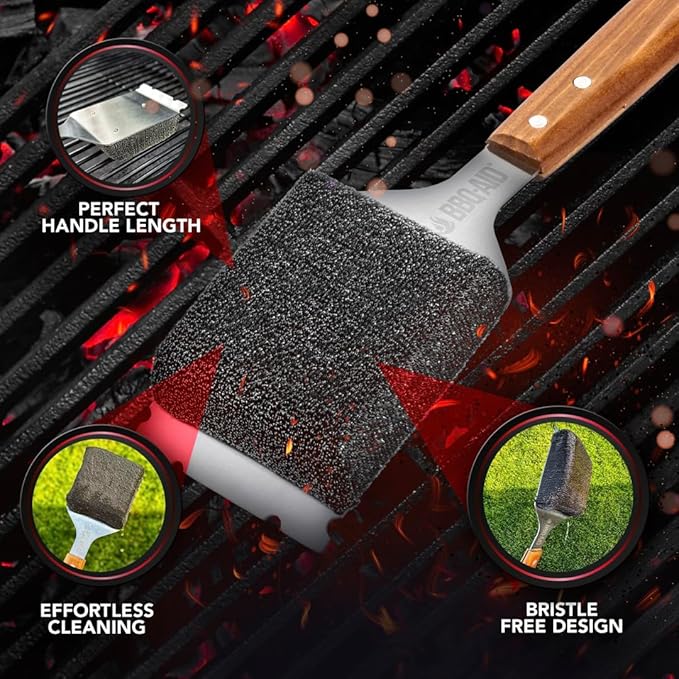 BBQ-AID Bristle Free Grill Brush and Scraper for Barbecue - Extended Large Wooden Handle With Replaceable Head - No Scratch