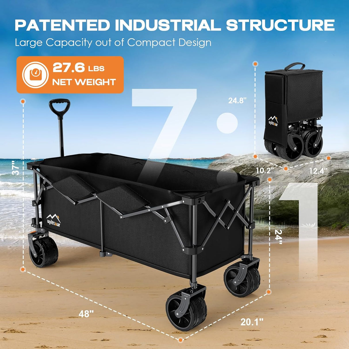 300L Extra Large Collapsible Foldable Wagon, 440lbs Load Capacity 48''L Extended Heavy Duty Folding Beach Wagon with Big