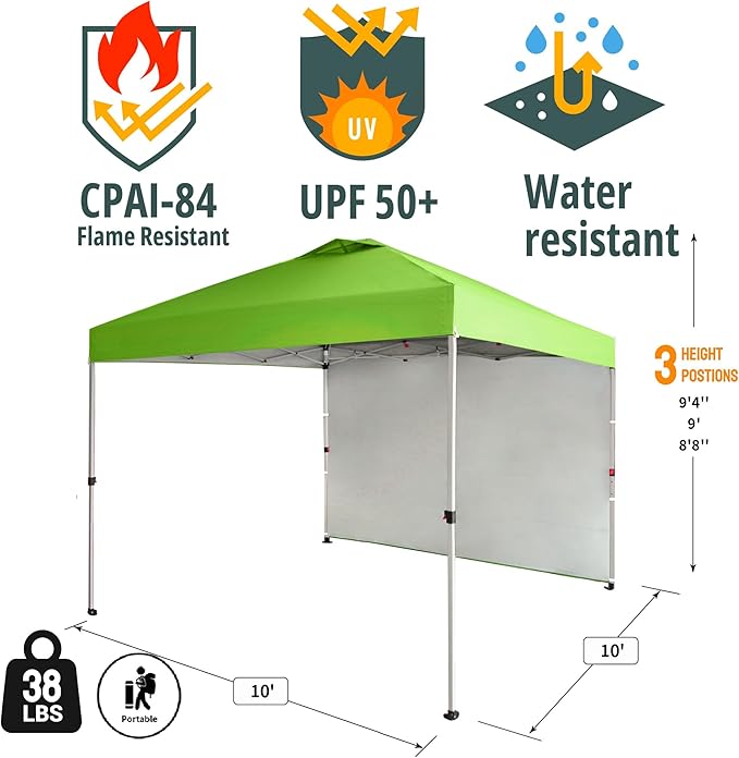 CROWN SHADES 10x10 Pop Up Canopy with 1 Side Wall - Beach Tent with One Push Setup - Outdoor Sun Shade for Events, Parties,