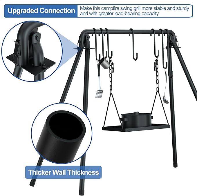 RELIANCER Grill Swing,Campfire Grill Cooking Stand w/8 Hooks & Storage Bag,Cast Iron BBQ Party Swing Grilling Cooking