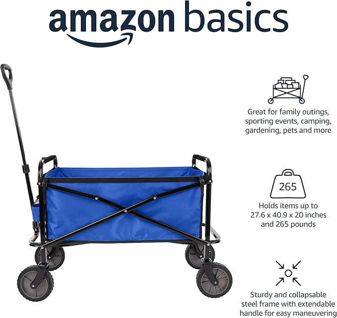 Amazon Basics Collapsible Folding Heavy Duty Utility Wagon for Outdoor Sports, 265 pounds Weight Capacity, Camping, Garden,