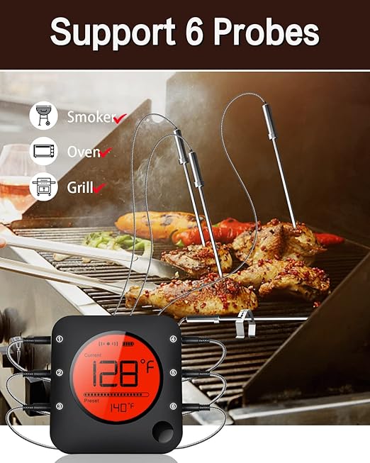 BFOUR Meat Thermometer Wireless Bluetooth, LCD Digital Meat Thermometer with Dual Probe, Wireless Remote BBQ Thermometer for