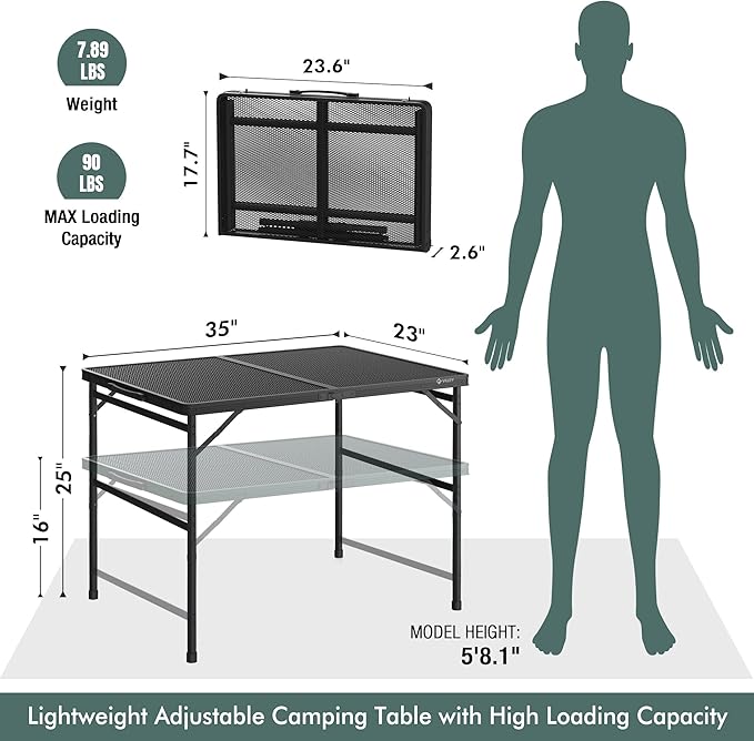 VILLEY Grill Table, 3ft Folding Camping Table with Aluminum Adjustable Legs, Portable Lightweight Camp Table for Beach