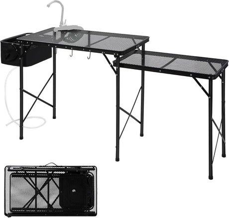 RedSwing Folding Grill Table with Sink and Double Shelf, Multifunctional Portable Grill Stand Table for Outdoor Camping