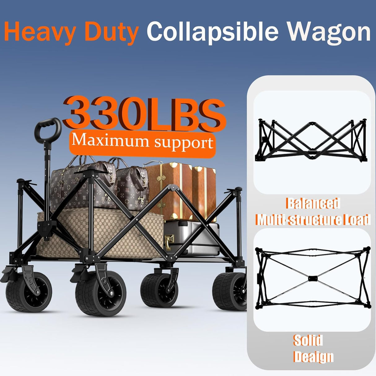 Collapsible Wagon Cart with Silent All-Terrain Wheels, Foldable Heavy Duty Beach Wagon with 330LB,Folding Cart with Cup