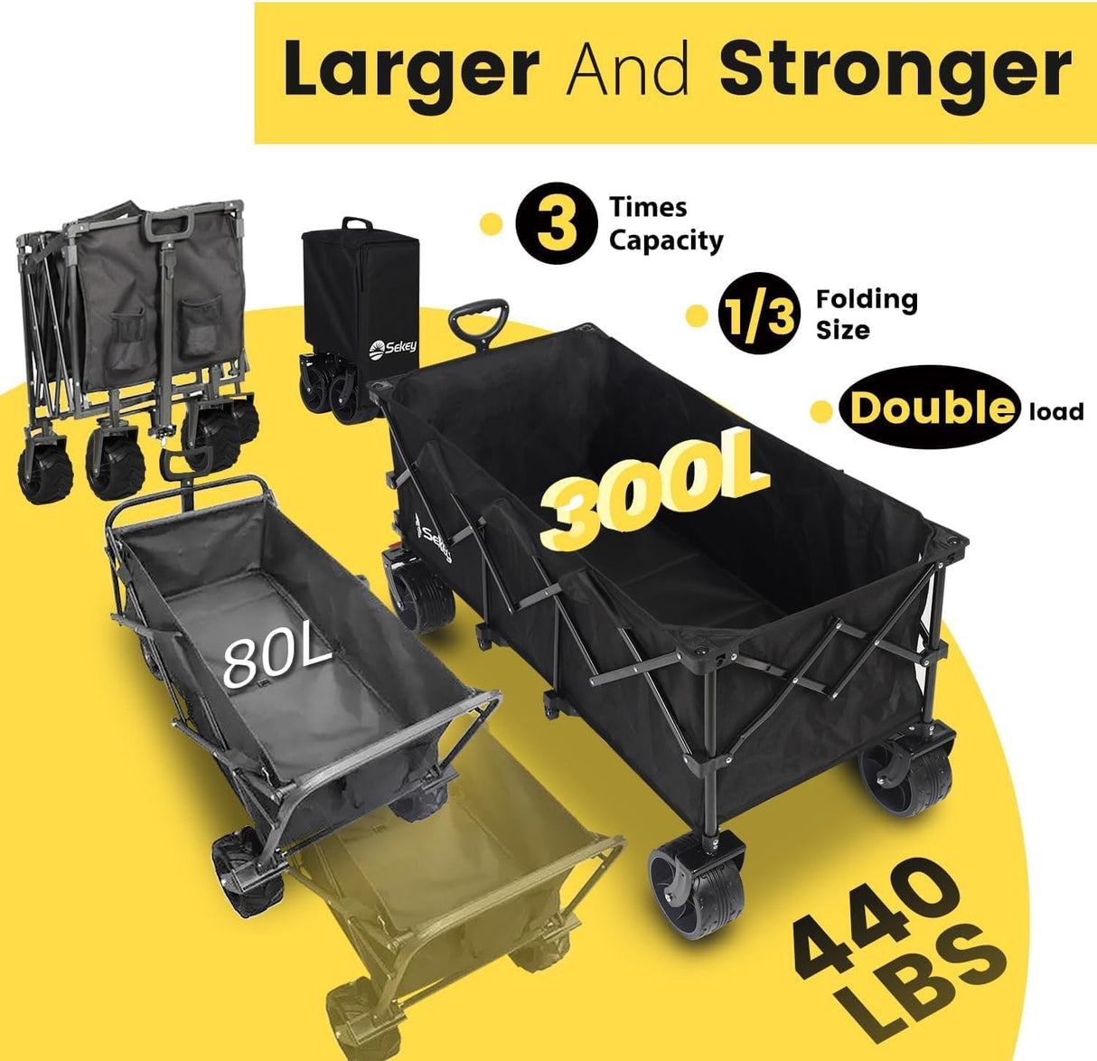 Sekey 48''L Collapsible Foldable Extended Wagon with 440lbs Weight Capacity, Heavy Duty 300L Folding Utility Garden Cart