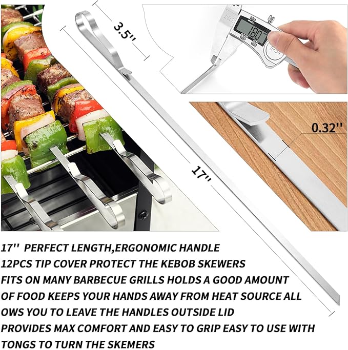 Kabob Skewers 17" Stainless Steel Long BBQ Barbecue Skewers, Flat Metal Kebob Sticks Wide Reusable Grilling Skewers for Meat