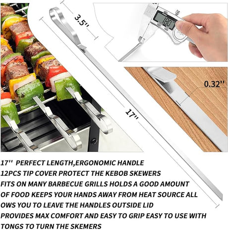 Kabob Skewers 17" Stainless Steel Long BBQ Barbecue Skewers, Flat Metal Kebob Sticks Wide Reusable Grilling Skewers for Meat
