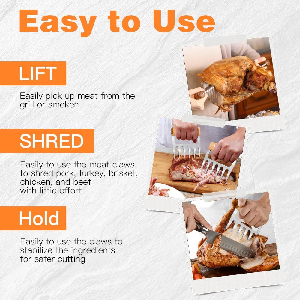2 PCS Meat Shredder Claws, Stainless Steel Meat Claws, Metal Pulled Pork with Handle Turkey Pork Chicken Shredder Tool