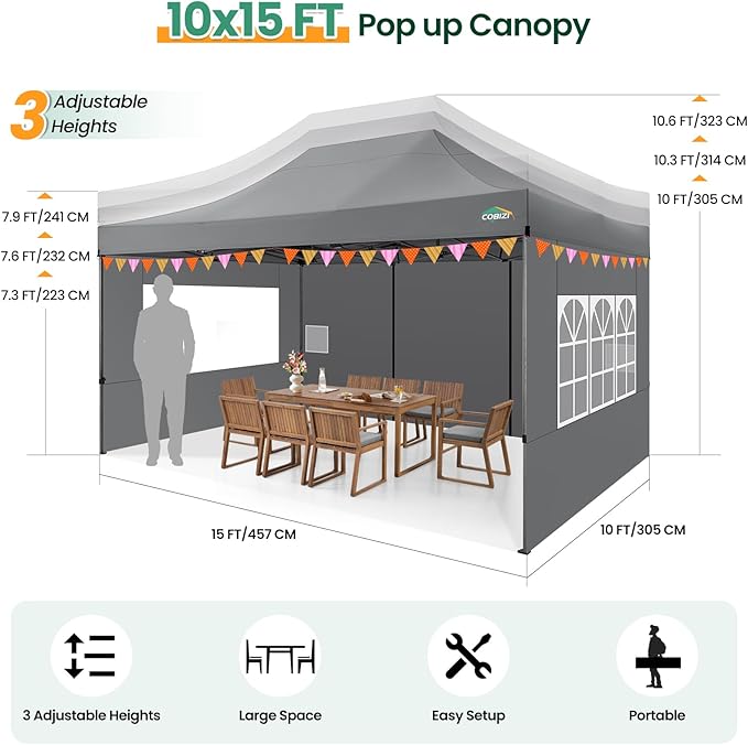 COBIZI 10x15 Heavy Duty Pop up Canopy Tent with 4 sidewalls Commercial Outdoor Canopy Wedding Party Tents for Wedding All