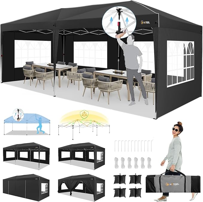 HOTEEL 10x20 Pop up Canopy with 6 Sidewalls, One Push Instant Setup Outdoor Canopy Tent with Reinforce Rod, Weight Bag, for