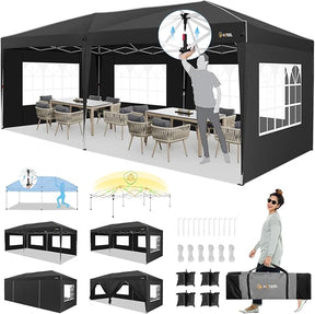 HOTEEL 10x20 Pop up Canopy with 6 Sidewalls, One Push Instant Setup Outdoor Canopy Tent with Reinforce Rod, Weight Bag, for