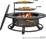42 Inch Fire Pit with 2 Cooking Grates, Outdoor Wood Burning BBQ Grill Firepit Bowl with Cover Lid, Steel Round Table for