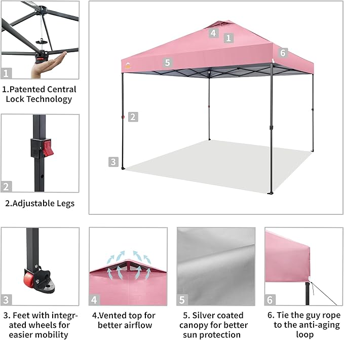 CROWN SHADES 10x10 Pop Up Canopy Tent - Patented Center Lock One Push Instant Outdoor Canopy Beach Tent with STO-N-Go Bag 8