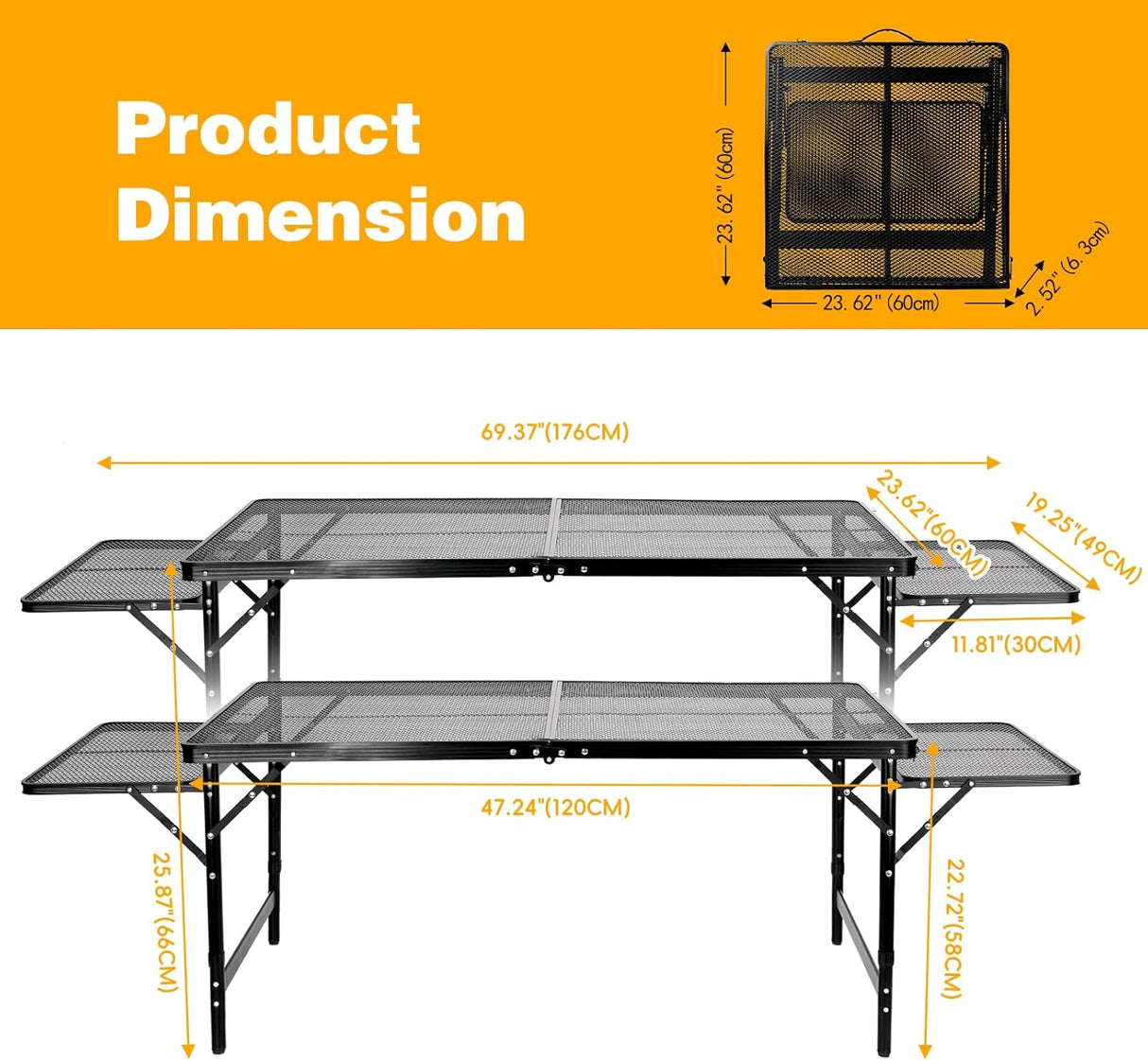 Grill Table Folding Table with 2 Wing Panels 4FT+1.77 FT with Mesh Desktop 3 Height Adjustable Portable Grill for Outdoor