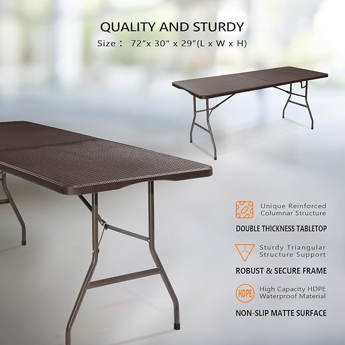 VINGLI 6 Foot Plastic Folding Table Portable Long Table for Indoor Outdoor Use Rectangular with Carrying Handle,Rattan