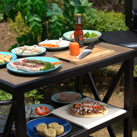 PHI VILLA Outdoor Grill Table, Elegant Grill Cart with Ceramic Wood Grain Table Top, Serving Cart with Shelves, Patio