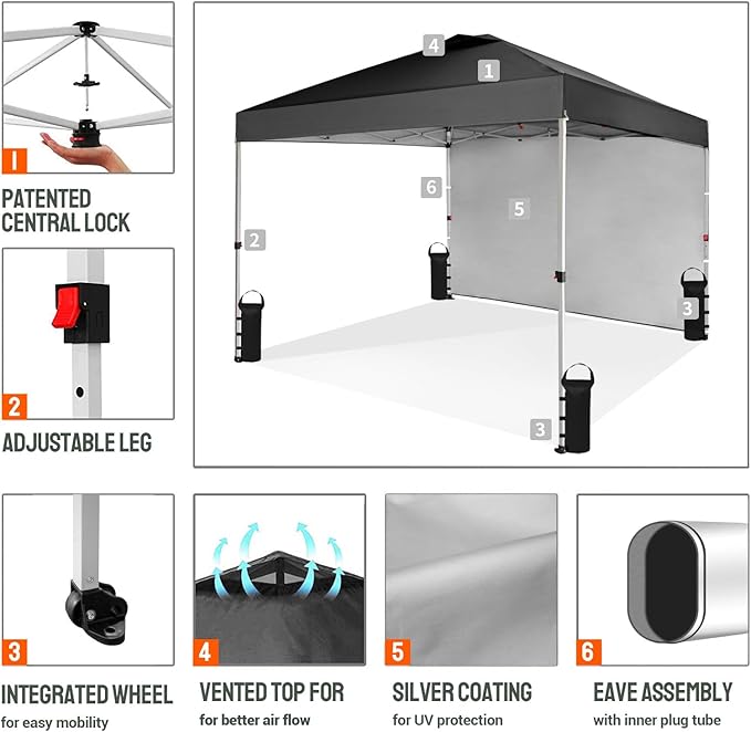 CROWN SHADES 10x10 Pop Up Canopy with 1 Side Wall - Beach Tent with One Push Setup - Outdoor Sun Shade for Events, Parties,