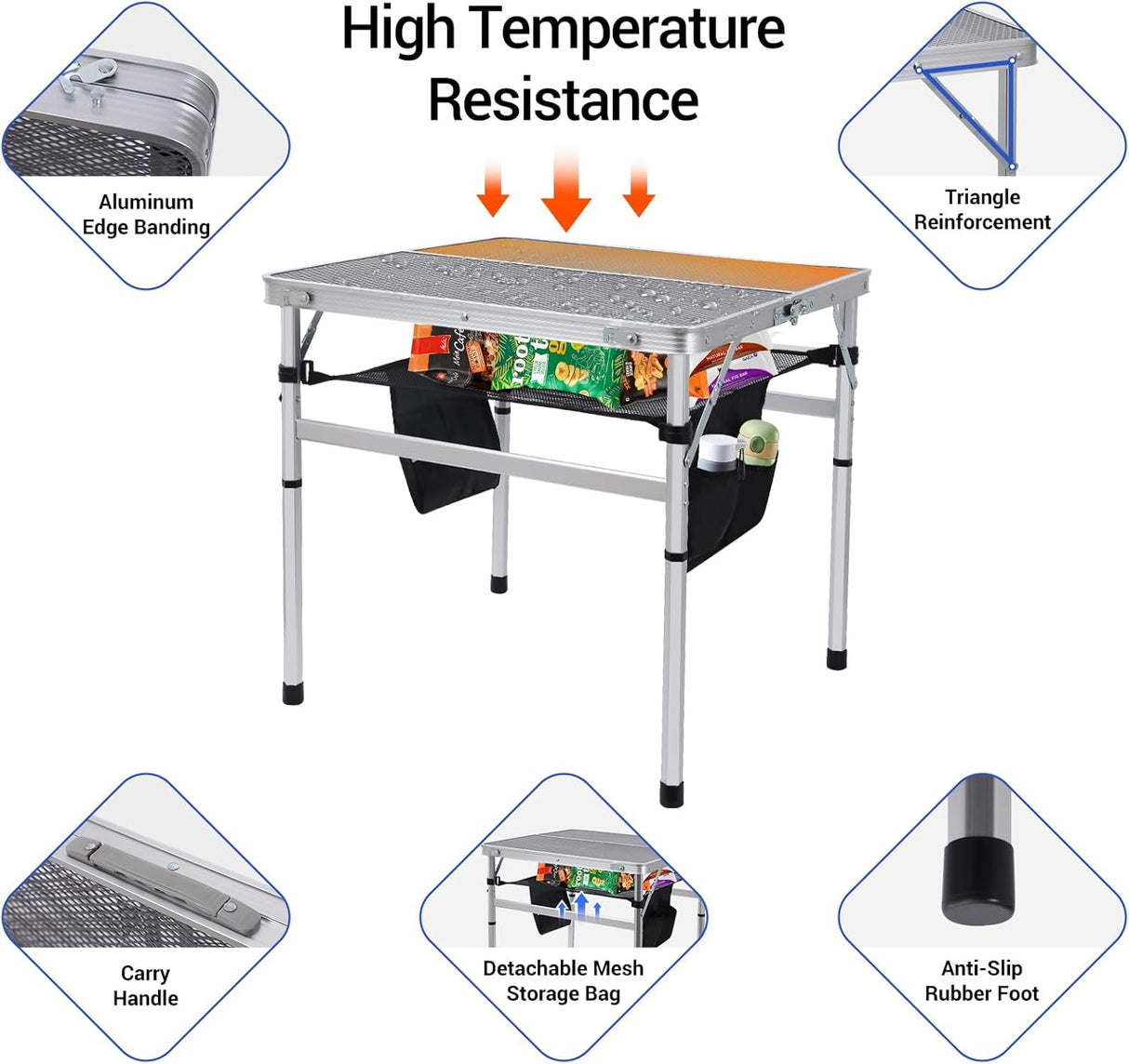 Nice C Square Table for Grill, Folding Table, Camping Table, Outdoor Table, Card Table, Height Adjustable, Mesh Bag