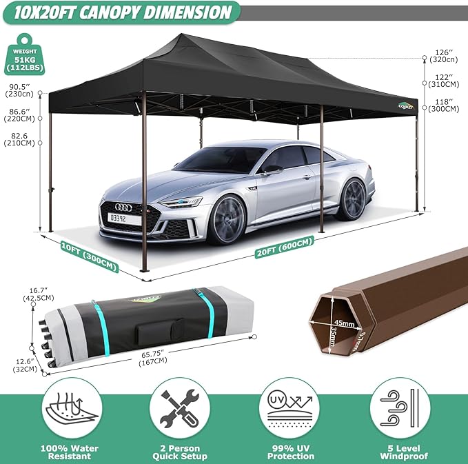 COBIZI 10x20 Pop Up Canopy Heavy Duty Without Sidewalls, Commercial Heavy Duty Pop Up Tent for Parties All Weather