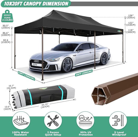 COBIZI 10x20 Pop Up Canopy Heavy Duty Without Sidewalls, Commercial Heavy Duty Pop Up Tent for Parties All Weather