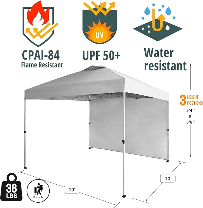 CROWN SHADES 10x10 Pop Up Canopy with 1 Side Wall - Beach Tent with One Push Setup - Outdoor Sun Shade for Events, Parties,
