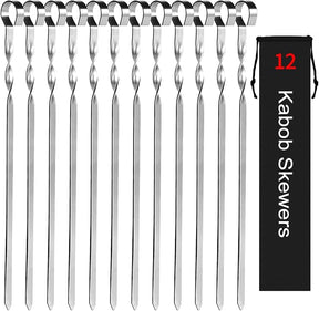 Kabob Skewers 14" Stainless Steel Long BBQ Barbecue Skewers, Flat Metal Kebob Sticks Wide Reusable Grilling Skewers for Meat