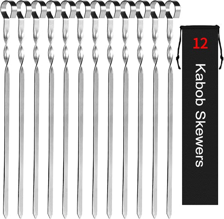 Kabob Skewers 14" Stainless Steel Long BBQ Barbecue Skewers, Flat Metal Kebob Sticks Wide Reusable Grilling Skewers for Meat