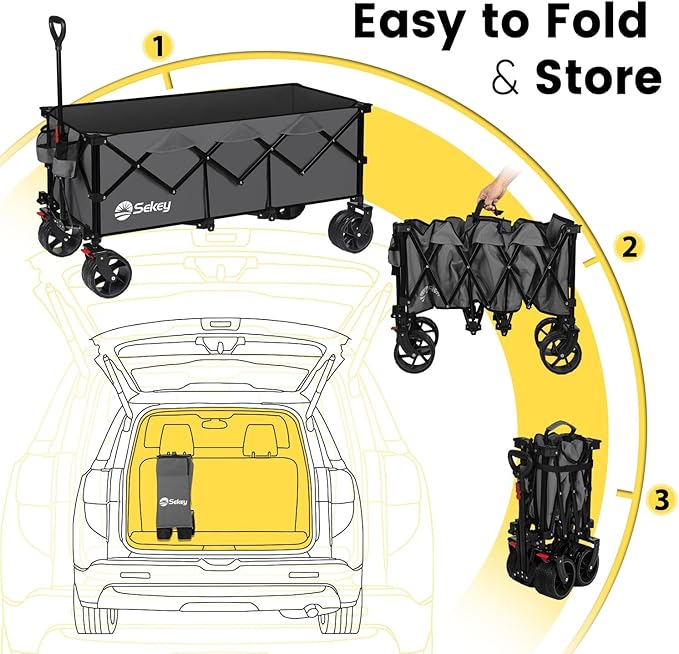 Sekey 48''L Collapsible Foldable Extended Wagon with 440lbs Weight Capacity, Heavy Duty 300L Folding Utility Garden Cart