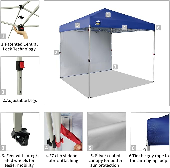 CROWN SHADES 8x8 Pop Up Canopy with 1 Side Wall - Beach Tent with One Push Setup - Outdoor Sun Shade for Events, Parties,