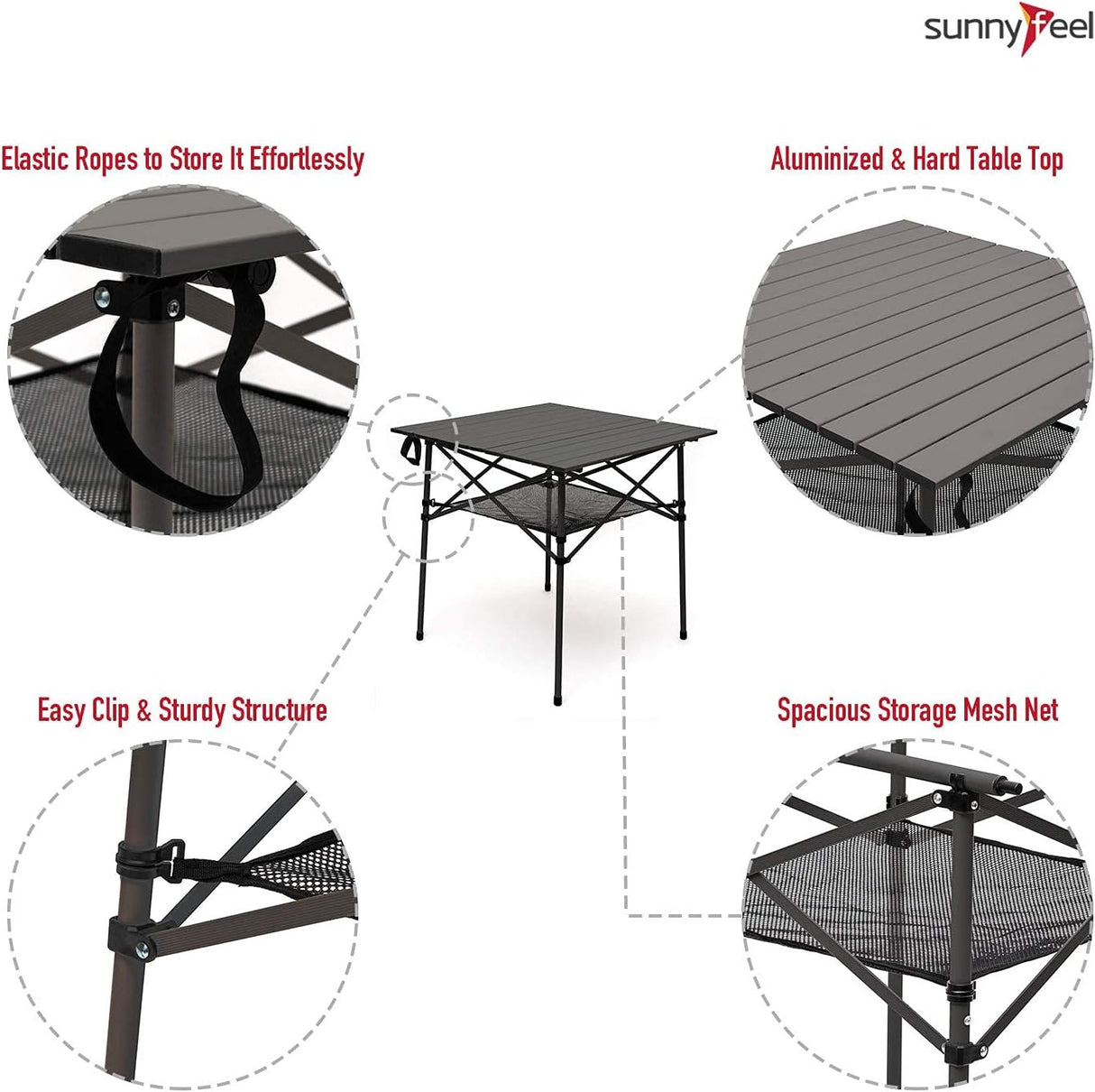 SUNNYFEEL Outdoor Folding Table | Lightweight Compact Aluminum Camping Table, Roll Up Top 4 People Portable Camp Square